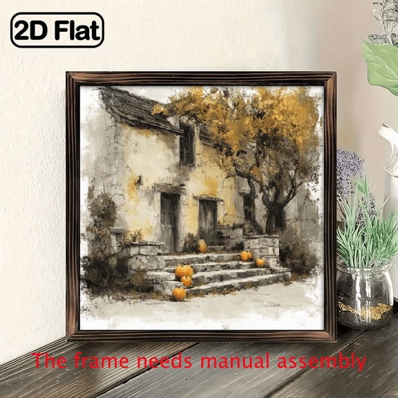 8x8 Inch Farmhouse Framed Wood Wall Art - White-Washed Wood Frame French Country Cottage, Beige Brown Rustic Stone House Picture for Bedroom,, - Horizontal Muted Tone Dcor ( Use)