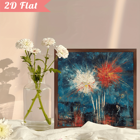 8x8 Inch Fireworks Vintage Pride Framed Wood Sign, 2D Flat Independence Day Wall Art, Holiday Party Gift