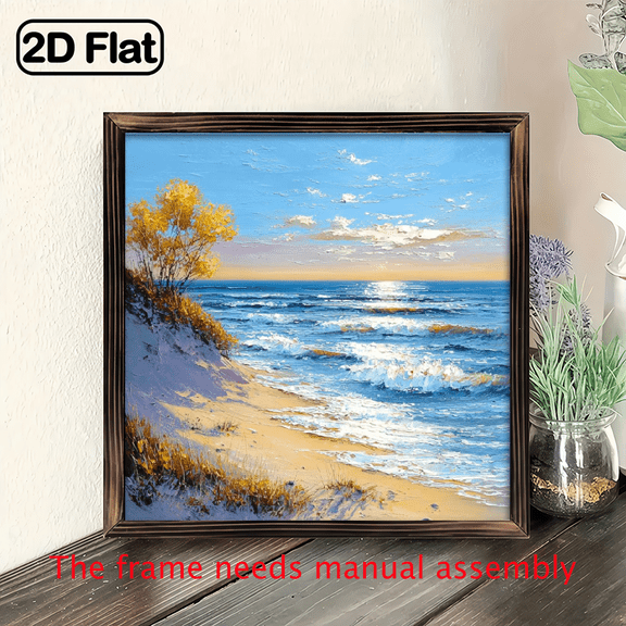 8x8 Inch Framed Beach Scene Art - Serene Sunset by the Ocean, Golden Sand, and Gentle Waves, Perfect for Home Decor, Summer Wall DecorCoastal Wall ArtWooden Frame, Decorative Sign, Plaque