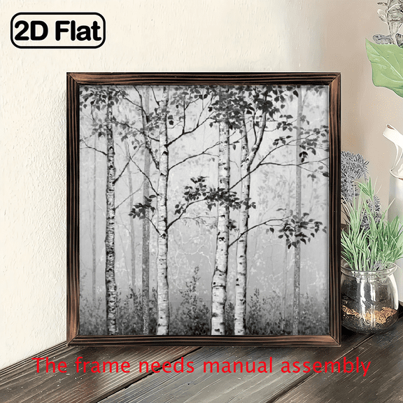 8x8 Inch Framed Canvas Wall Art - Serene Birch Forest Scene with Misty Background, Wooden Frame for Home Decor, Summer Wall Decor Misty Forest Design Wooden Frame Art, Wall Decor 1pcs