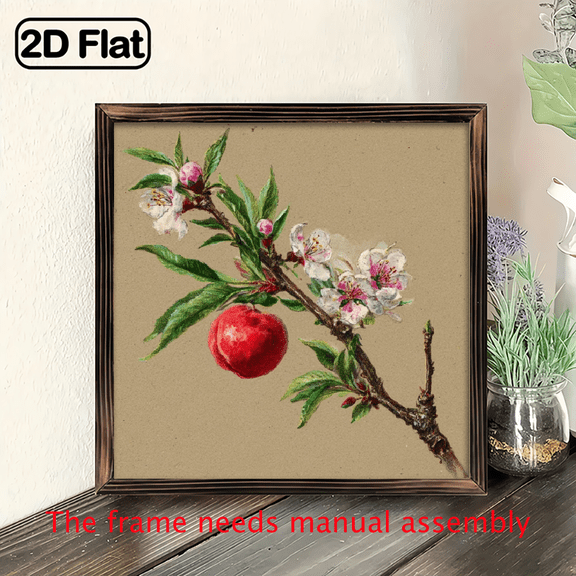8x8 Inch Framed Cherry Blossom Wall Art Painting - Inspired Mural with Wood Frame, Beige Red Botanical Print for Bedroom, Office - Rustic Farmhouse Decor