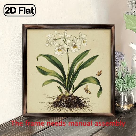 8x8 Inch Framed - Elegant White Orchid with Butterflies Wood Wall Art, Wood Frame, Nature-Inspired Home Decor for Living Room or Summer Spaces, Summer Home DecorDecorative Wall PieceFramed Wood Art