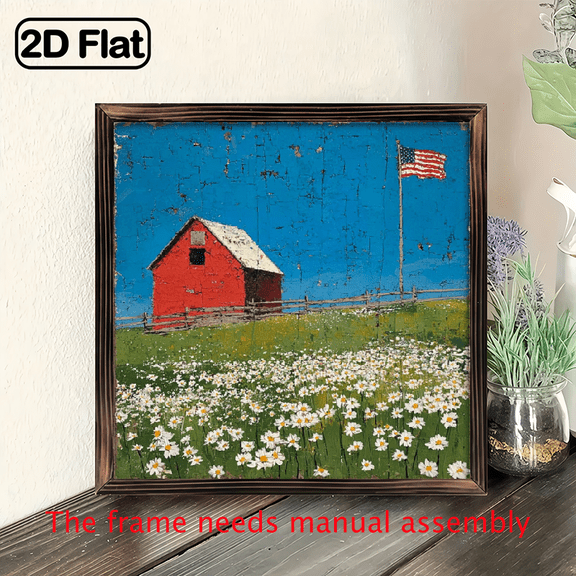 8x8 Inch Framed Patriotic Wall Art - American Flag Red Barn Scene, Ideal for Independence Day Decor in Living Room Bedroom, Perfect Holiday Gift, Festive Home Decoration, Patriotic Wall