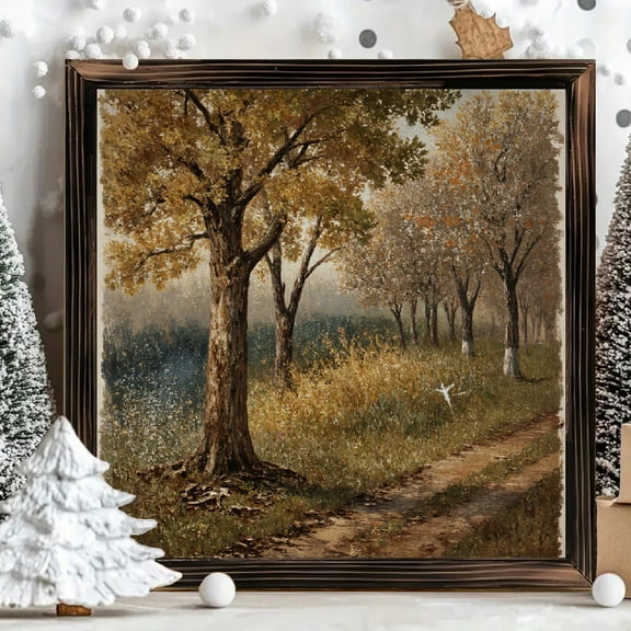 8x8 Inch Framed Square Wood Panel Wall Art Autumn Landscape Painting Serene Fall Scene Impressionistic Style for Home Living Room Entryway Decor