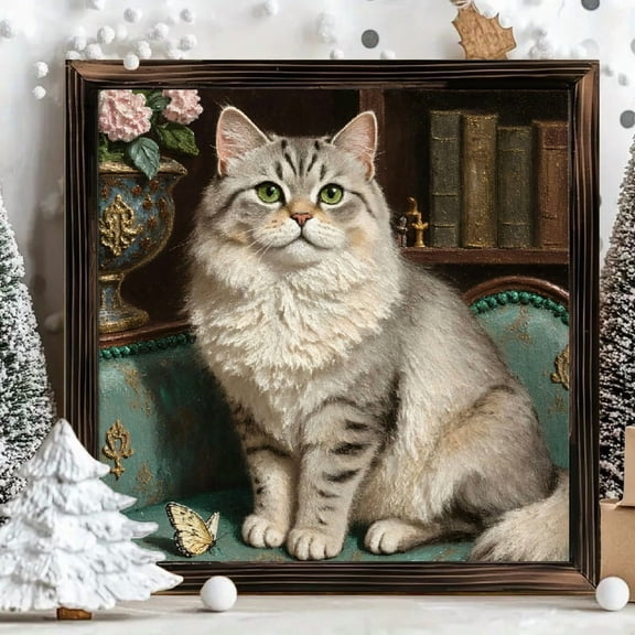 8x8 Inch Framed Square Wood Panel Wall Art, Detailed Oil Painting Style Portrait of Fluffy Grey Tabby Cat with Green Eyes and Butterfly Accent, Single Piece for Home Accent Decor