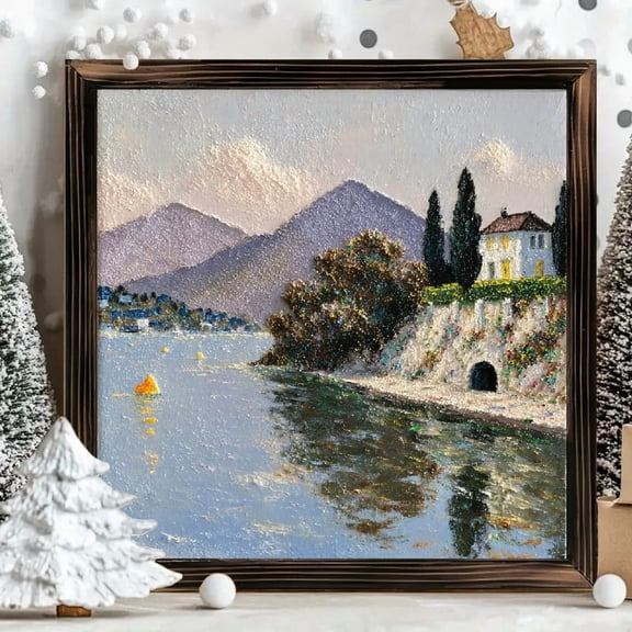 8x8 Inch Framed Square Wood Panel Wall Art Impressionist Lakeside Scene with Mountains and House for Home Living Room Decor 1pc