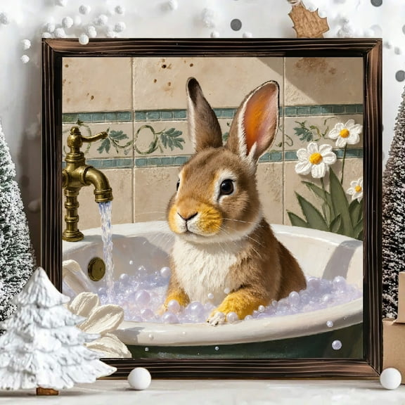 8x8 Inch Framed Square Wood Wall Art, Adorable Brown Rabbit in Bubble Bath with Daisies Illustration, Decorative Wooden Panel Painting for Bathroom Nursery Home Decor 1pc