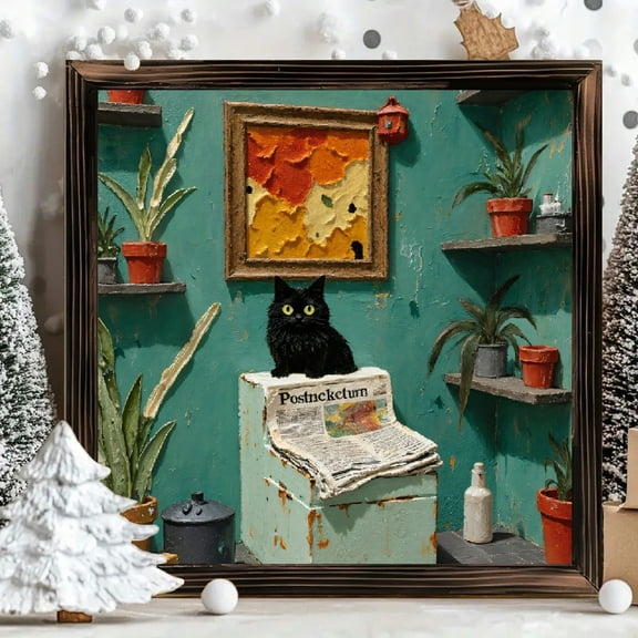 8x8 Inch Framed Square Wood Wall Art Decor, Eclectic Black Cat with Yellow Eyes on Teal Wall Painting, Rustic Cozy Home Accent 1pc