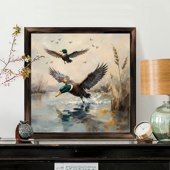 8x8 Inch Framed Square Wood Wall Art, Impressionist Mallard Duck Wildlife Painting on Wood Panel, Rustic Nature Decor for Home Office Living Room, 1pc