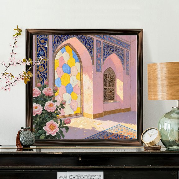 8x8 Inch Framed Square Wood Wall Art, Middle Eastern Architectural Design with Pink Roses and Tile Patterns, Decorative Wood Panel Print 1pc for Home Living Room Bedroom Decor