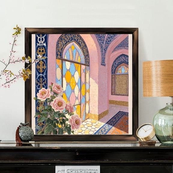 8x8 Inch Framed Square Wood Wall Art, Ornate Middle Eastern Architectural Stained Glass Window with Pink Roses Illustration, Decorative Wooden Panel for Home Living Room Bedroom Decor, 1pc