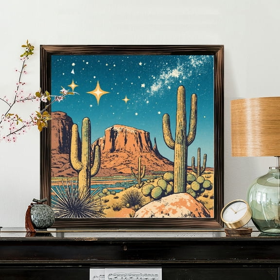 8x8 Inch Framed Square Wood Wall Art, Retro Desert Landscape Illustration with Saguaro Cactus and Starry Night Sky Design, Decorative Wood Panel for Home Living Room Bedroom Decor 1pc