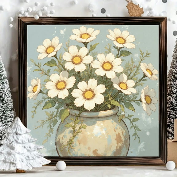 8x8 Inch Framed Square Wood Wall Art, Rustic Ceramic Vase with White Daisy Bouquet Print, Distressed Wooden Frame Decoration for Farmhouse Home Living Room 1pc