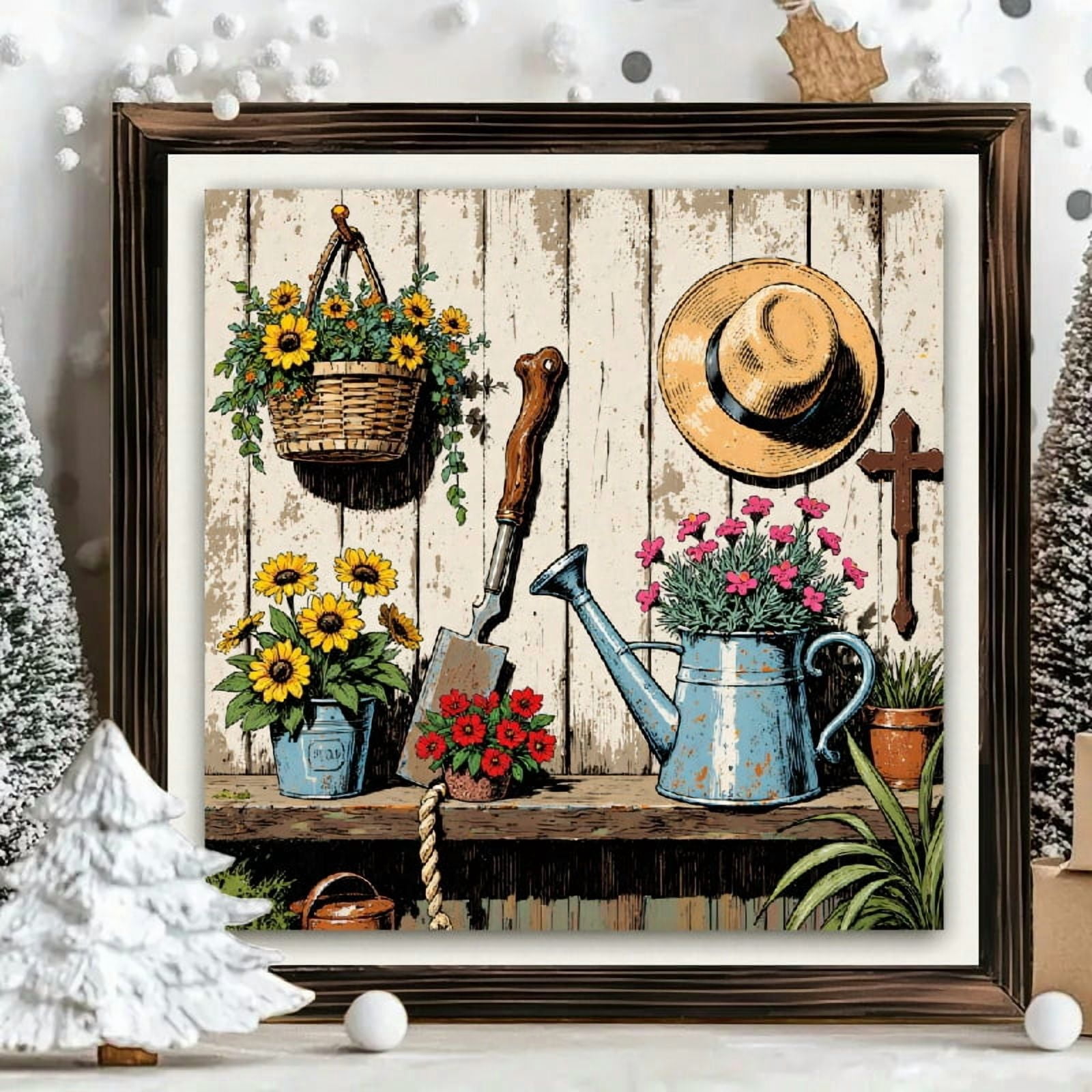 8x8 Inch Framed Square Wood Wall Art, Rustic Gardening Tools with ...