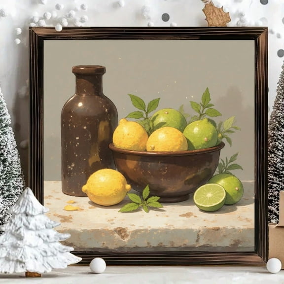 8x8 Inch Framed Square Wood Wall Art, Rustic Still Life Citrus Fruit Painting with Lemons and Limes, Distressed Wood Panel Decor for Kitchen Dining Room 1pc