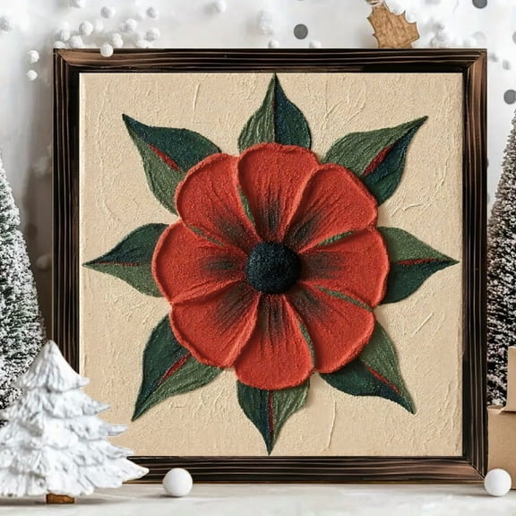 8x8 Inch Framed Square Wood Wall Art, Textured Floral Folk Art Print on Beige Background, Decorative Embossed Flower Panel for Living Room Bedroom Decor 1pc