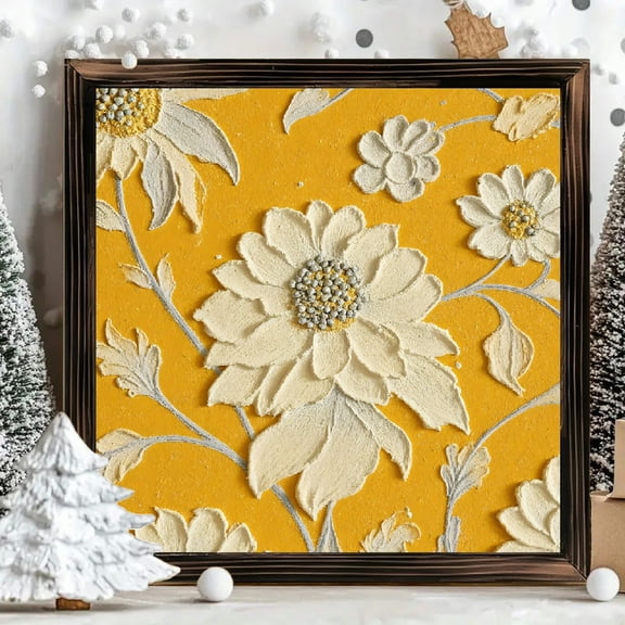 8x8 Inch Framed Square Wood Wall Art, Textured Floral Sculpted Design with Mustard Yellow Background, Decorative Plaster Style Painting for Home Living Room Bedroom Decor 1pc
