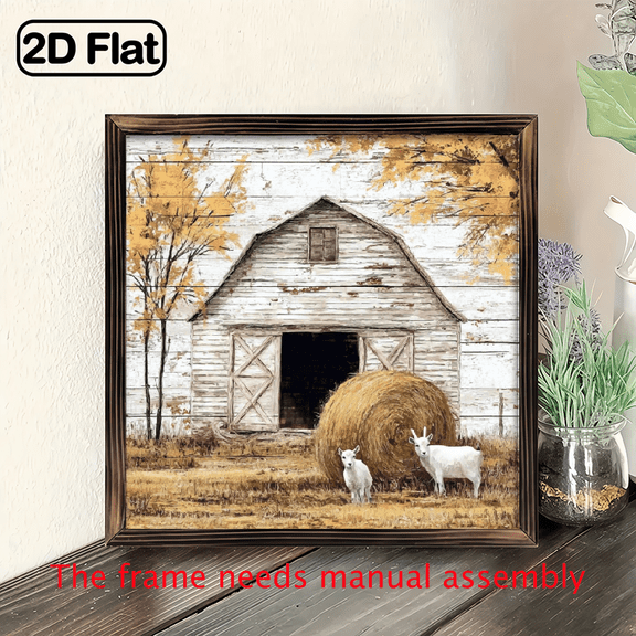 8x8 Inch Framed Wall Art - Rustic Farm Scene with Barn, Hay Bales Lambs, Autumn Landscape in Warm Fall Colors, Ready-to-Hang Country Decor for Living Room, Bedroom, Office, Country Farmhouse Decor