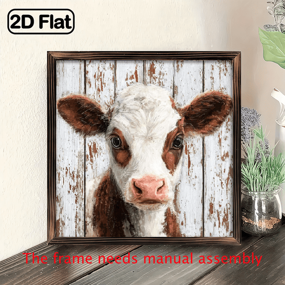 8x8 Inch Framed Wall Art - Rustic Farmhouse Cow Painting Wood Background, Ready to Hang for Living Room, Bedroom, Kitchen Decor, Cow Print Room Decor