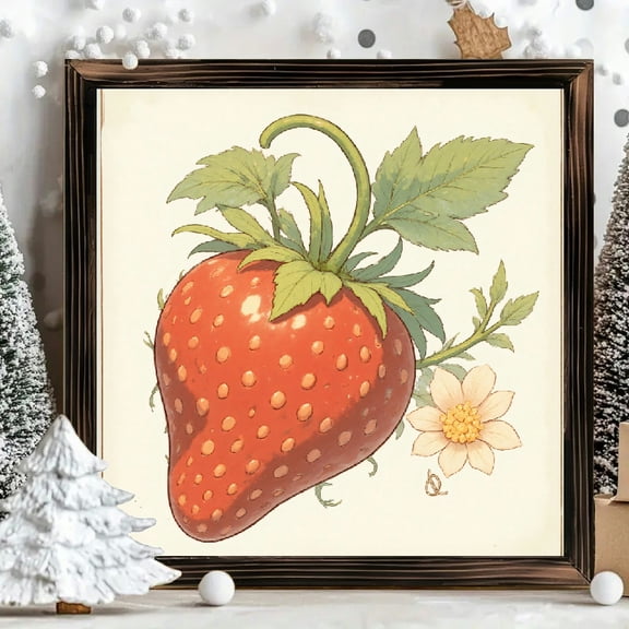 8x8 Inch Framed Wood Panel Wall Art Square Botanical Illustration Vintage Strawberry Fruit Flower Painting Single Piece for Kitchen Home Decor