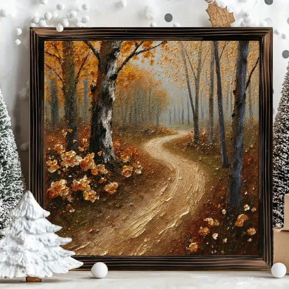 8x8 Inch Framed Wood Panel Wall Art Square Painting Autumn Forest Birch Trees Falling Leaves Rustic Nature Decor 1pc
