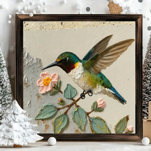 8x8 Inch Framed Wood Panel Wall Art Square Painting Hummingbird Perched on Flowering Branch Textured Impasto Art for Home Living Room Decor 1pc