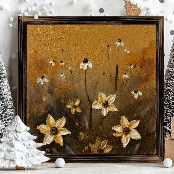 8x8 Inch Framed Wood Panel Wall Art Square Painting Impressionist Textured Floral Design Rustic Earth Tone Decor 1pc
