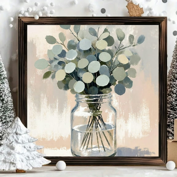 8x8 Inch Framed Wood Panel Wall Art Square Painting Muted Eucalyptus Leaves in Glass Jar Impressionistic Botanical Artwork for Home Living Room Decor