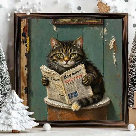8x8 Inch Framed Wood Panel Wall Art Square Picture, Whimsical Long Haired Tabby Cat Reading Newspaper Print for Rustic Farmhouse Kitchen Home Decor
