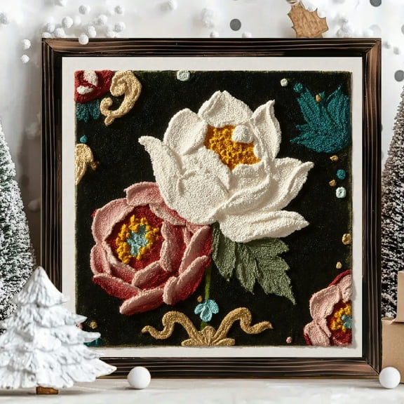 8x8 Inch Framed Wood Panel Wall Art Square, Textured 3D Floral Embroidery Design with Raised Threads for Home Living Room Bedroom Decor