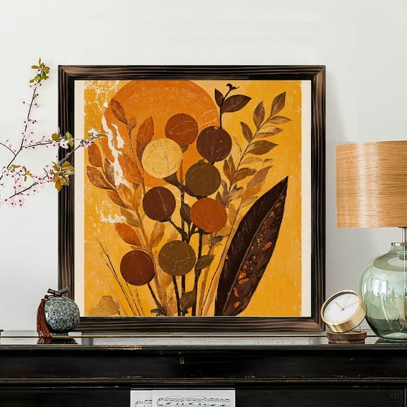 8x8 Inch Framed Wood Wall Art, Abstract Autumnal Botanical Square Painting with Rustic Mustard Yellow Background, Distressed Wood Panel Decor for Living Room or Bedroom 1pc