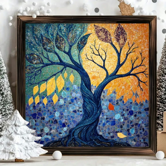 8x8 Inch Framed Wood Wall Art, Abstract Duality Tree Square Painting with Textured Mosaic Style, Decorative Wooden Panel for Home Office Living Room Decor, 1pc