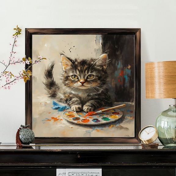 8x8 Inch Framed Wood Wall Art, Adorable Tabby Kitten Painting with Artist Palette Square Decorative Sign for Kids Room Office Wall Decor 1pc