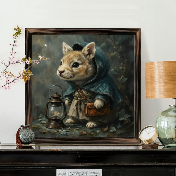 8x8 Inch Framed Wood Wall Art, Anthropomorphic Rabbit in Medieval Cloak Square Painting, Rustic Woodland Creature Portrait on Wood Panel 1pc for Home Decor