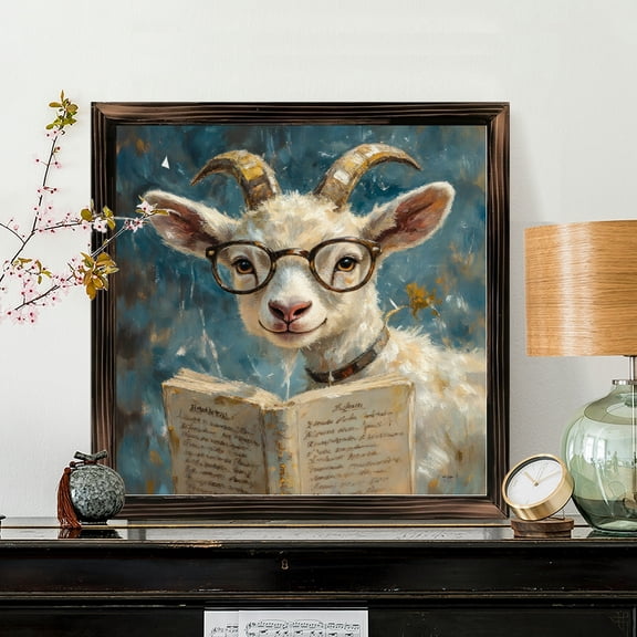8x8 Inch Framed Wood Wall Art, Anthropomorphic Scholar Goat Reading Book Square Painting, Rustic Oil Style Portrait on Wood Panel for Office Library Home Decor, 1pc