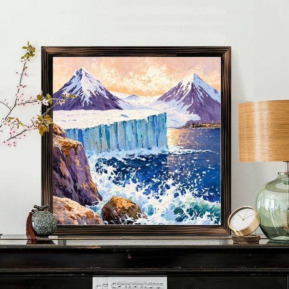 8x8 Inch Framed Wood Wall Art, Arctic Landscape with Glacial Mountains and Ocean Waves Square Painting, Textured Painted Panel for Living Room Bedroom Decor 1pc