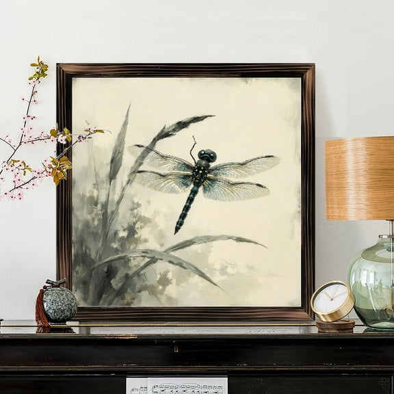 8x8 Inch Framed Wood Wall Art, Artistic Dragonfly Flight Illustration on Square Panel, Decorative Natural Insect Painting for Home Office Living Room Wall Decor 1pc