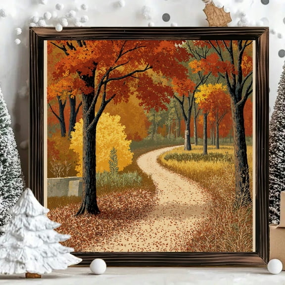 8x8 Inch Framed Wood Wall Art, Autumn Forest Path Landscape Square Painting with Fiery Foliage and Fallen Leaves, Rustic Wood Panel Decor for Home Office 1pc