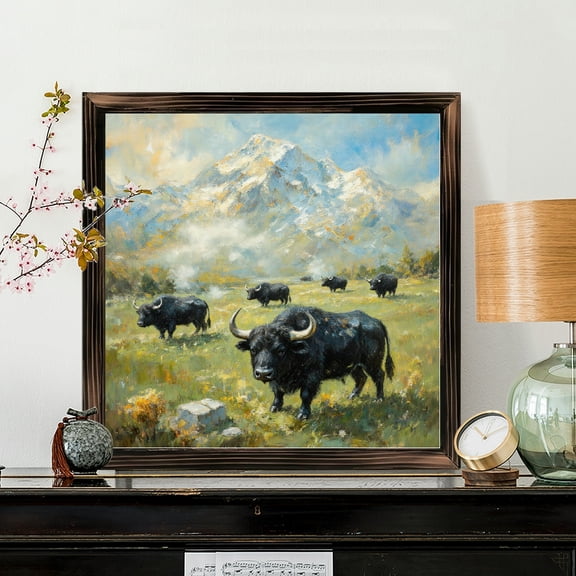 8x8 Inch Framed Wood Wall Art, Bison Herd in Mountain Meadow Landscape Painting Square Decorative Wood Panel 1pc for Rustic Home Living Room Decor