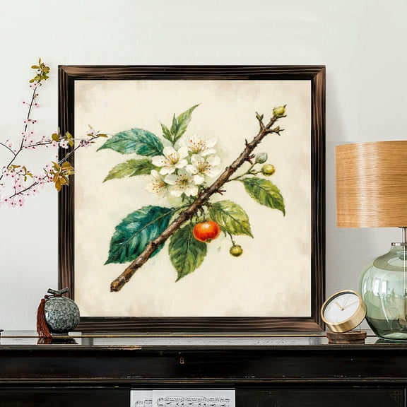 8x8 Inch Framed Wood Wall Art, Botanical Apple Blossom and Fruit Illustration Square Decorative Painting for Home Office Wall Decor 1pc
