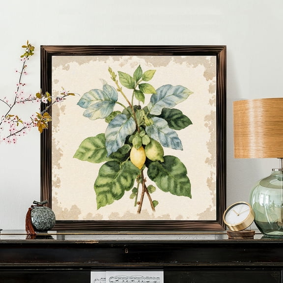 8x8 Inch Framed Wood Wall Art, Botanical Citrus Lemon and Lime Branch Print on Wood Panel, Square Vintage Style Decorative Hanging Picture for Home Kitchen Office Decor 1pc