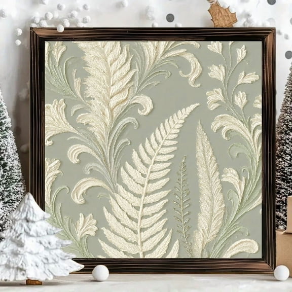 8x8 Inch Framed Wood Wall Art, Botanical Damask Pattern Square Decorative Panel with Sage Green and Off-White Foliage Design, 1pc for Home Office Wall Decor