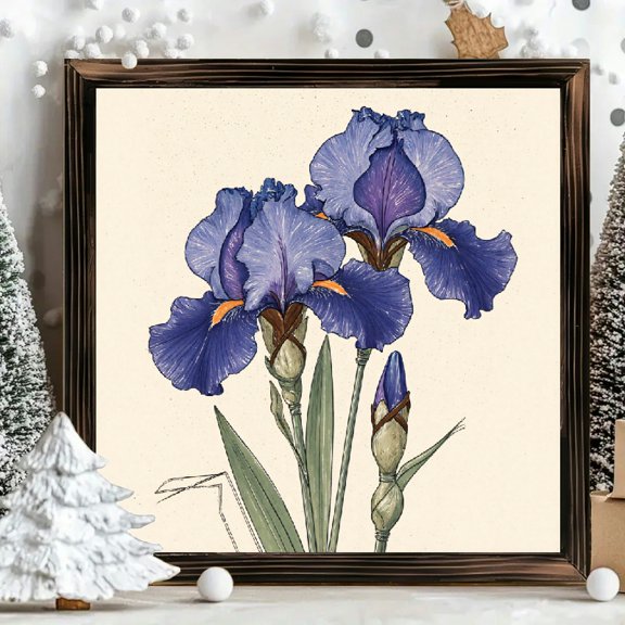 8x8 Inch Framed Wood Wall Art, Botanical Iris Flower Illustration Square Painting on Wood Panel, Decorative Wall Decor for Home Office 1pc
