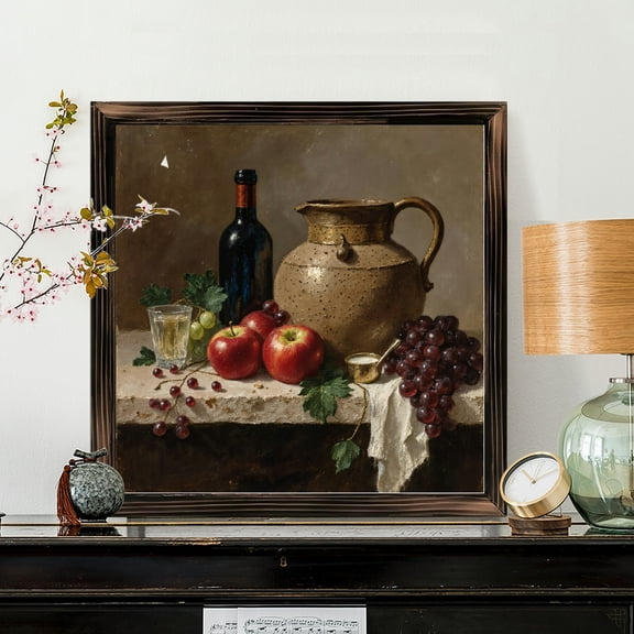 8x8 Inch Framed Wood Wall Art, Classical Still Life Fruit and Wine Painting, Square Wooden Decor for Kitchen Dining Room, Ready to Hang 1pc