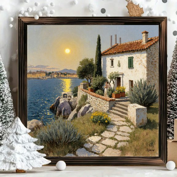 8x8 Inch Framed Wood Wall Art, Coastal Sunset Landscape Square Painting with Mediterranean Villa Scene, Rustic Wood Panel Decor for Living Room 1pc