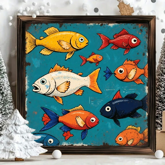 8x8 Inch Framed Wood Wall Art, Colorful Retro Fish Illustration Square Painting, Distressed Teal Background Wood Panel Decor for Kids Room and Nursery 1pc