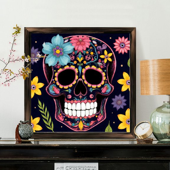 8x8 Inch Framed Wood Wall Art, Colorful Sugar Skull with Floral Design Square Painting 1pc for Dia De Los Muertos Home Office Decor