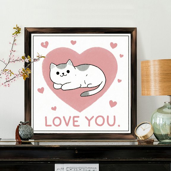 8x8 Inch Framed Wood Wall Art, Cute Cartoon Cat Sleeping in Pink Heart Illustration Square Decorative Painting, Wood Panel Sign for Bedroom Nursery Decor 1pc