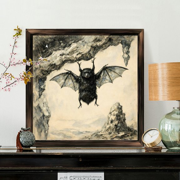 8x8 Inch Framed Wood Wall Art, Cute Furry Bat in Flight Watercolor Style Square Painting, Rustic Textured Stone Background Decorative Panel, 1pc for Home Office Wall Decor