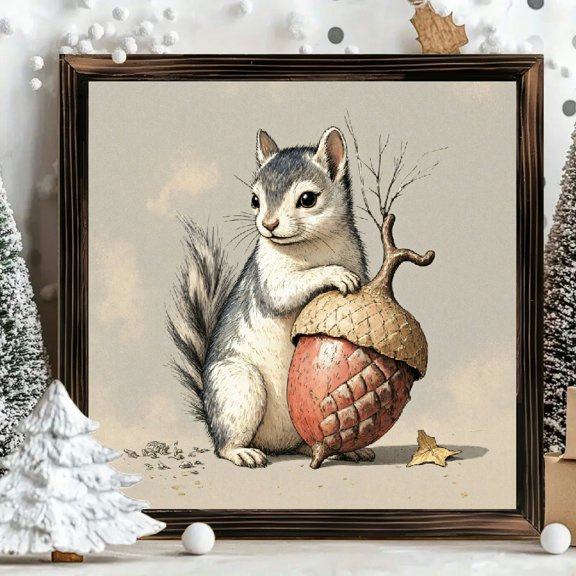 8x8 Inch Framed Wood Wall Art, Cute Squirrel Holding Whimsical Acorn Square Painting on Wood Panel 1pc for Nursery and Living Room Home Decor